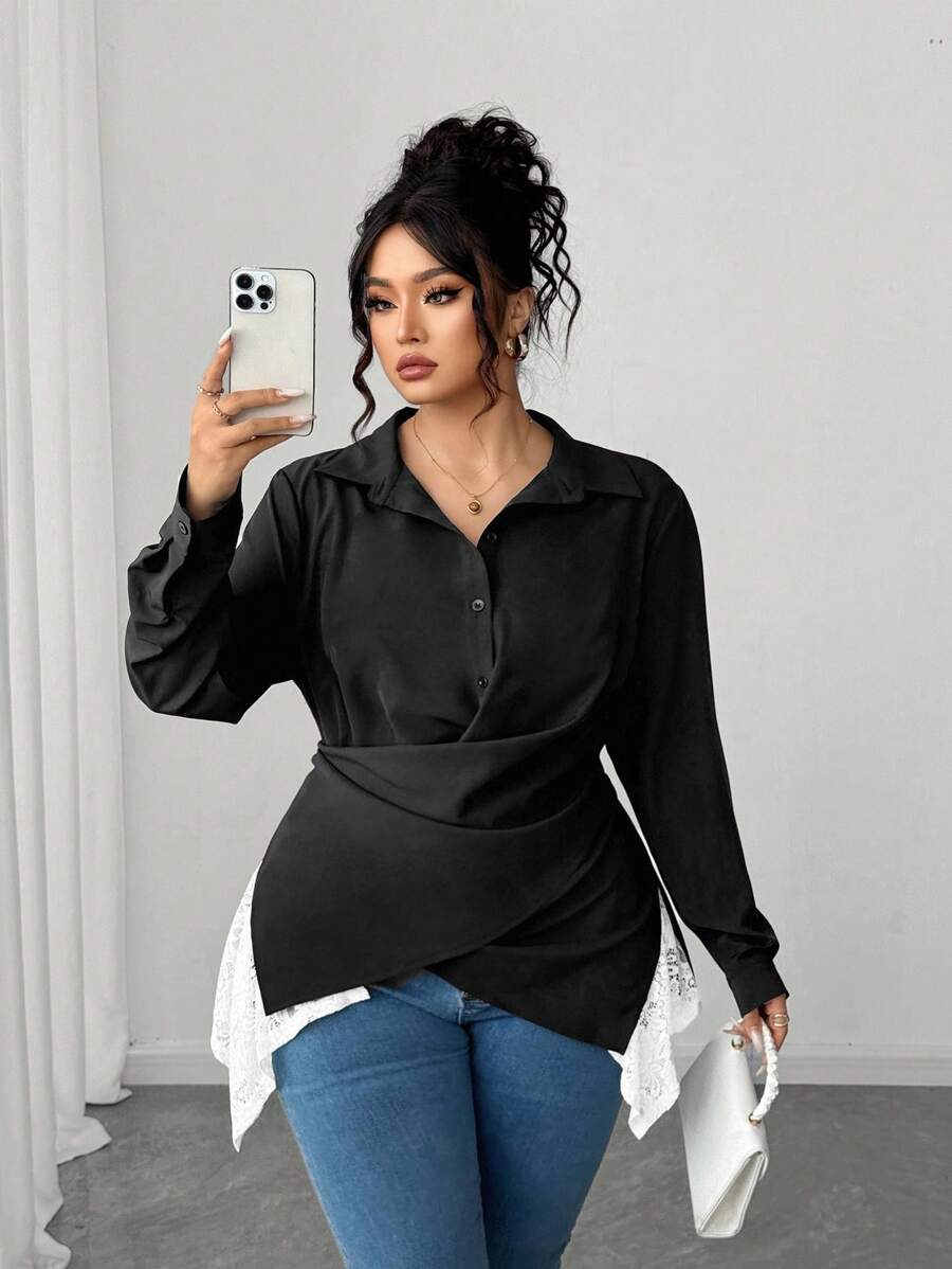 Elenzga Plus Size Women Gothic Prep With Wednesday Twist Contrast Lace Elegant Lightweight Binding Shirt Fall Cloth For Women - Black and White - View 1