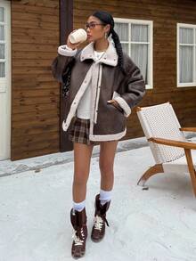 Muchica 女士秋冬新款仿皮草宽松夹克 - 棕色 - 查看 4