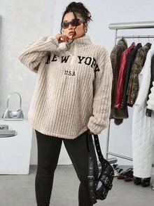 SHEIN EZwear 2 件套休闲字母印花拉链羊毛连帽衫和修身瑜伽裤，百搭大码，秋冬 - 卡其色 - 查看 6