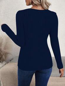 EMERY ROSE Women's Casual Daily Simple Solid Color Button Decor Long Sleeve Wrap Hem Fitted T-Shirt, Spring/Autumn - Navy Blue - View 2