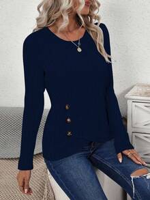 EMERY ROSE Women's Casual Daily Simple Solid Color Button Decor Long Sleeve Wrap Hem Fitted T-Shirt, Spring/Autumn - Navy Blue - View 5