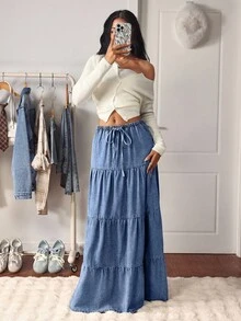 SHEIN Tall American Washed Denim A-Line Elastic Waist Flared Denim Skirt - Medium Wash - View 5