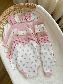 SHEIN 新生女婴可爱休闲针织卡通波尔卡圆点长袖连体睡衣套装 - 彩色 - 查看 2