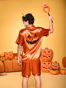 Notgurli Bộ đồ ngủ 2 món bằng vải satin in hình bí ngô Halloween thoải mái thân thiện với làn da vui nhộn dành cho cha mẹ và con cái trong bữa tiệc gia đình - trái cam - Xem 7