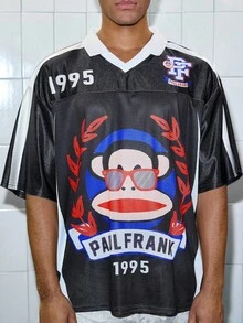 ROMWE MEN Paul Frank X ROMWE 男士时尚夏季卡通猴子印花短袖 Polo 衫 - 黑色 - 查看 3