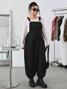 SHEIN EZwear 秋冬款大码黑色灯芯绒背带裤 - 黑色 - 查看 5
