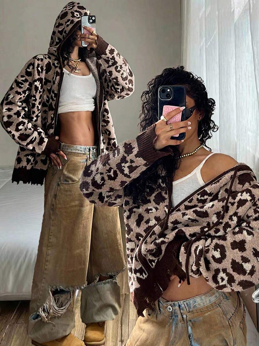 StreetHx Streetwear Women's Leopard Print Jacquard Zip-Up Cardigan, Autumn/Winter - Multicolor - View 1