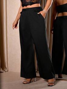 Cravure Quần ống rộng dáng rộng cho nữ cỡ lớn, thiết kế ren tương phản, cạp chun - màu đen - Xem 3