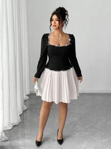 Elenzga Never Out Of Style: Gothic Prep With A Wednesday Twist. Embrace Your Inner Shadow Dark Feminine Fashion. Plus Size Women's Knitted Long Sleeve Plus Size Collar Bubble Bead Decor Vintage Elegant Pleated Midi Dress Fall Cloth For Women - Multicolor - View 6