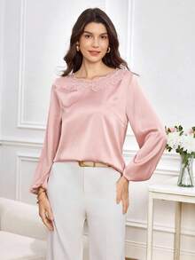 Miaspire Fall Elegant Women's Shirt, Pink Satin Fabric And Three-Dimensional Lace Splicing Design Elegant Top, Wedding Guest Versatile Top, Elegant Street Party Women's Top,Chic Tops - Pink - View 3