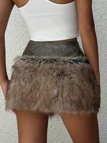 Muchica 2025 New Arrive Autumn/Winter Women Fashion Brown Faux Fur Patchwork Skirt For Going Out Outfits, Streetwear, Grunge And Punk Chic, Y2K Clothes