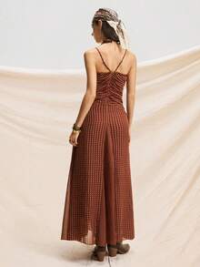 Easelle 复古游牧风格女式拼布波尔卡圆点荷叶边腰部 A 字形连衣裙 - 棕色 - 查看 2