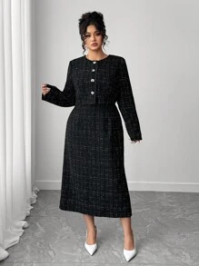 Elenzga Plus Size 2 Pieces Set: Elegant Long Sleeve Jacket And Slit Skirt Fall Cloth For Women Fall Winter - Black - View 7