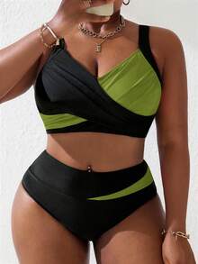 Slaydiva 2pcs Plus Size Women's Black And Pink Cut-Out Ruched Tankini Swimsuit Set, For Summer Beach Holiday - Olive Green - View 1