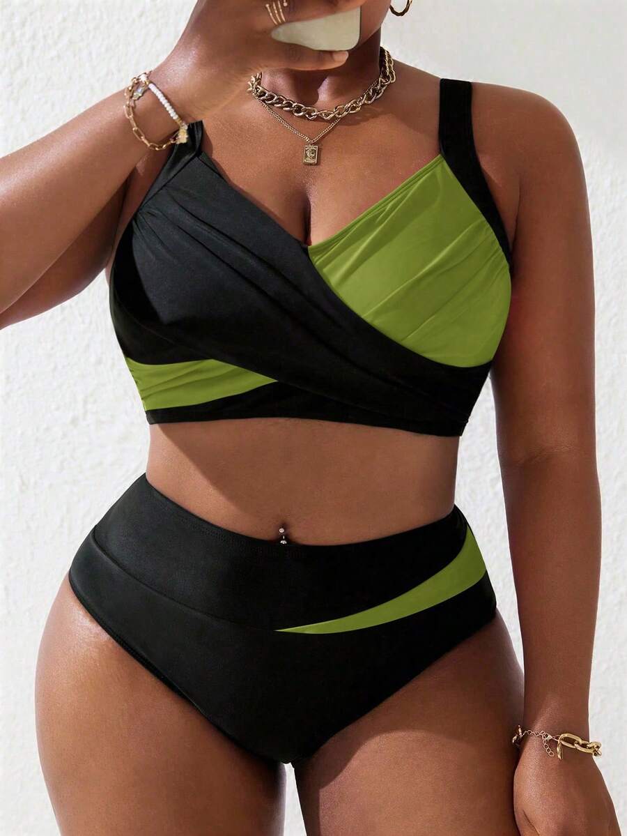 Slaydiva 2pcs Plus Size Women's Black And Pink Cut-Out Ruched Tankini Swimsuit Set, For Summer Beach Holiday - Olive Green - View 1