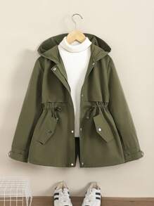 SHEIN 秋冬季青少年女孩休闲军绿色宽松连帽抽绳可调节腰部派克大衣 - 軍綠色 - 查看 9