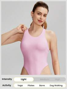 GLOWMODE FeatherFit™ Powerhouse Round Neck Racerback Halter Thong Bodysuit Low Impact Yoga Daily Summer - Bubblegum Pink - View 6