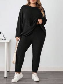 SHEIN CURVE+ Bộ 2 món/Bộ đồ thể thao phong cách Pháp cỡ lớn cho nữ trở lại trường, quần legging họa tiết tối giản và áo dài tay/Mùa thu/Mùa đông - màu đen - Xem 5