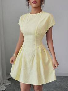 Selianne Round Neck, Off-The-Shoulder Sleeves, Waist-Cinching, Pleated, Creamy Yellow, Jacquard Fabric.Italian Dress - Yellow - View 5