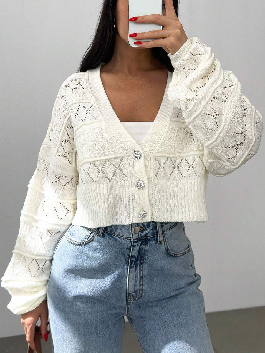 EURMUSE Cardigan court décontracté en crochet ajouré avec boutons en diamant, col en V, léger - Blanc - Voir 1