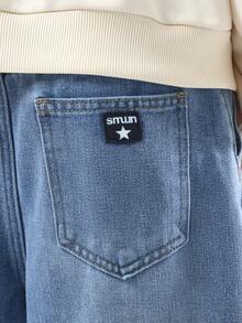SUMWON 青少年男孩宽松牛仔裤阔腿牛仔裤复古水洗经典宽松剪裁下装日常休闲街头服饰秋冬 - 中等水洗藍 - 查看 5