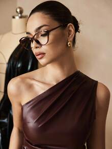 SHEIN X Belinda Siren Gaze 勃艮第酒红色单肩褶皱 PU 女式上衣，褶皱腰修身女式上衣