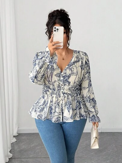 Elenzga Plus Size Women's Blue & White Floral Waist Ruffle Chiffon Blouse, Elegant Floral Trim Design, Suitable For Back To School, Graduation, Valentine's Day, Music Festival, Mother's Day, Halloween, Thanksgiving, Easter, National Day, Prom, Date, Party, Wedding, Outdoor Activities Fall Cloth For Women