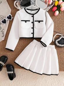 Elladie kids 2 件套年轻女孩秋季翻领新款时尚长袖单排扣夹克和百褶迷你裙 - 白色 - 查看 7