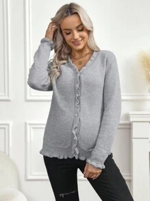 SHEIN Solid Color Ruffle Trim Long Sleeve Knit Cardigan, Maternity Sweater For Autumn/Winter - Grey - View 3