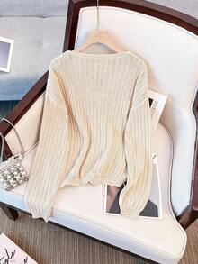 Franclia Áo len cổ rút màu tương phản thường ngày 2 trong 1 - Màu Khaki - Xem 2