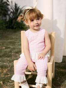 Cozy Pixies 2pcs Baby Girl Colorblock Floral Trim Crew Neck Sleeveless Cardigan Top And Elastic Waist Pants Set Fall - Pink - View 7