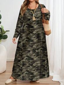 EMERY ROSE 加大码迷彩印花长袖宽松圆领连衣裙，适合秋冬季 - 彩色 - 查看 4