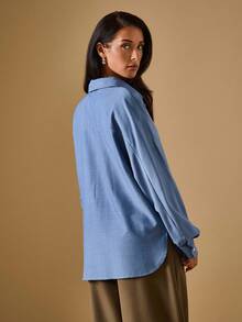 Briarwyn Áo sơ mi nữ màu xanh trơn đơn giản, dễ mặc khi đi làm, phong cách cổ điển, áo sơ mi công sở cài nút - Màu xanh lam - Xem 7