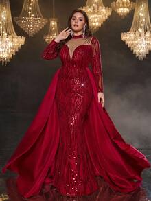 Glamrae Váy dài maxi đuôi cá dáng đuôi cá dài tay đính sequin sang trọng màu đỏ thanh lịch cổ đứng bằng vải satin lưới trong suốt cổ chữ V đính sequin lấp lánh có đuôi dài ấn tượng cho những dịp trang trọng - Đỏ - Xem 4