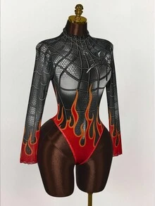 Amplova Halloween Costumes  Halloween Cosplay Spider-Woman Women's Spider & Flame Print Stand Collar Long Sleeve Bodysuit - Red - View 6
