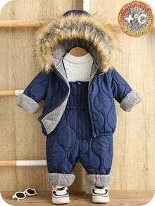 SHEIN 2pcs/Set Baby Boys Cute Casual Blue Thermal Lined  Jacket + Thick Fleece Bib Pants Snowsuit, Unisex Baby Winter Clothes Fall - Multicolor - View 8