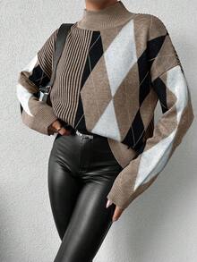 Maglione casual vintage oversize a blocchi di colore a pipistrello, autunnale