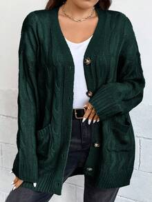 EURMUSE Plus Size Casual Solid Color Front Button Textured Knit Cardigan, Autumn/Winter - Dark Green - View 7