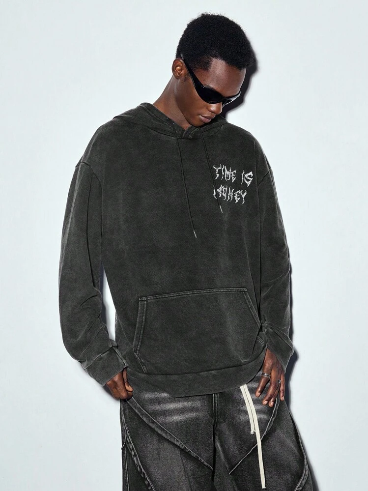 MODCRASH メンズ ウォッシュド ヴィンテージ ヒップホップ ポートレート グラフィック パーカー、ストリートウェア、ゴシック、エモ、秋、冬、春夏 - ブラック - 見る 6