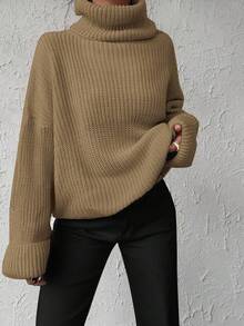 EURMUSE Solid Color Turtleneck Batwing Sleeve Sweater - Camel - View 4