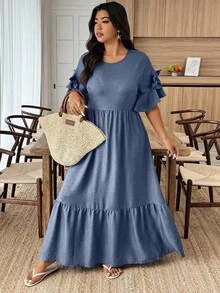 Weeklong Plus Size Solid Color Round Neck Ruffle Hem Casual Pleated Dress