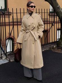 DAZY 女式夹棉大衣，风衣款式，腰部收紧，宽松休闲，都市时尚，秋冬 - 卡其色 - 查看 2