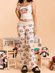Paul Frank X SHEIN Bộ đồ ngủ gồm áo hai dây họa tiết hoạt hình và quần dài cho nữ - Màu be - Xem 1