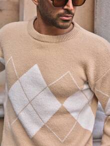 HIMLAND 男士菱形提花针织毛衣，略宽松，秋冬男士毛衣男士套头衫男士针织套头毛衣钻石纹毛衣菱形毛衣 - 卡其色 - 查看 7