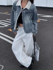 DAZY Women's Casual Faux Shearling Patchwork Denim Jacket Thermal Lined,Winter Y2k Women Coats - Blue - View 3