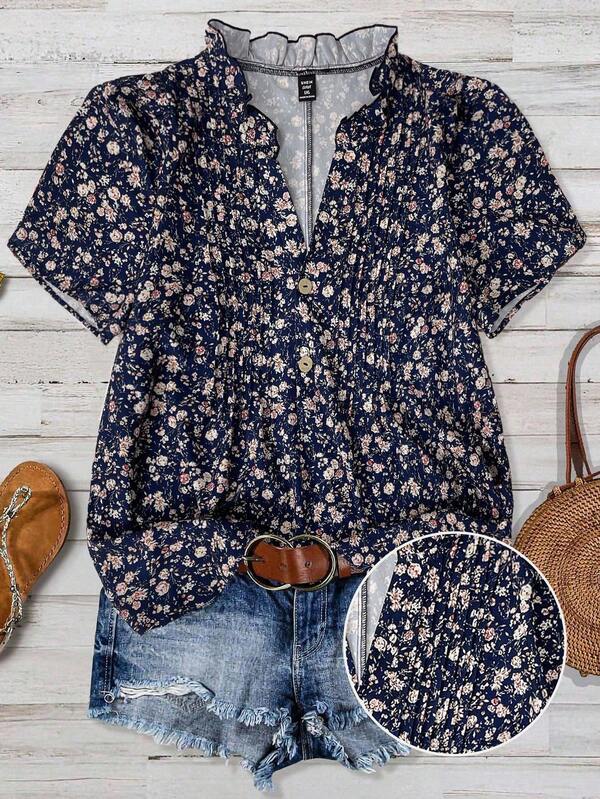 Franclia 大码碎花短袖休闲度假衬衫