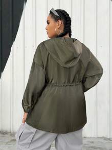 SHEIN EZwear 大码女式纯色抽绳腰连帽夹克 - 軍綠色 - 查看 2