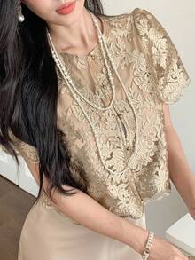 DAZY 1pc Women Lace Short Sleeve Round Neck Single Breasted Elegant Blouse - Mustard Yellow - View 4