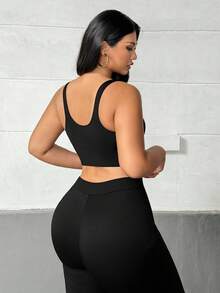 SHEIN Essnce Athleisure 大码女士无缝冬季运动文胸（黑色），冬季女士运动服 - 黑色 - 查看 2