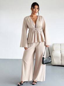 Firerie Plus Size Casual Elegant Vacation Drawstring Versatile Daily Commute Work Office Loose Tie-Front Top And Elastic Waist Pants Set, Spring/Autumn,Fall Clothes For Women